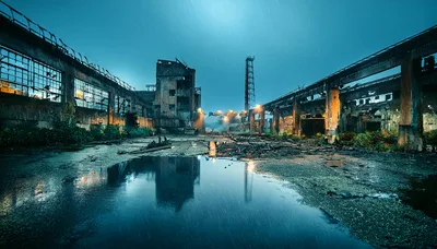 Abandoned Industrial Factory Complex At Twilight
