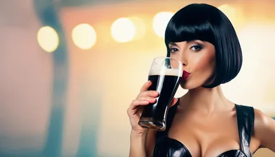 Woman With Bob Haircut Drinking Dark Beer