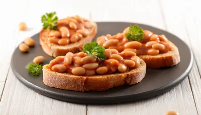 Three Slices Of Toast Topped With Baked Beans