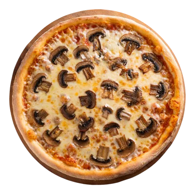 Fresh Mushroom Pizza On A Wooden Serving Board