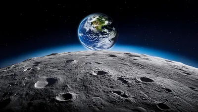 Earth Rising Over The Cratered Lunar Surface