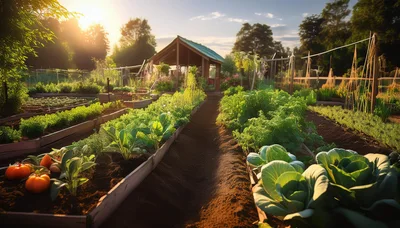 Lush Vegetable Garden With Raised Beds At Sunset