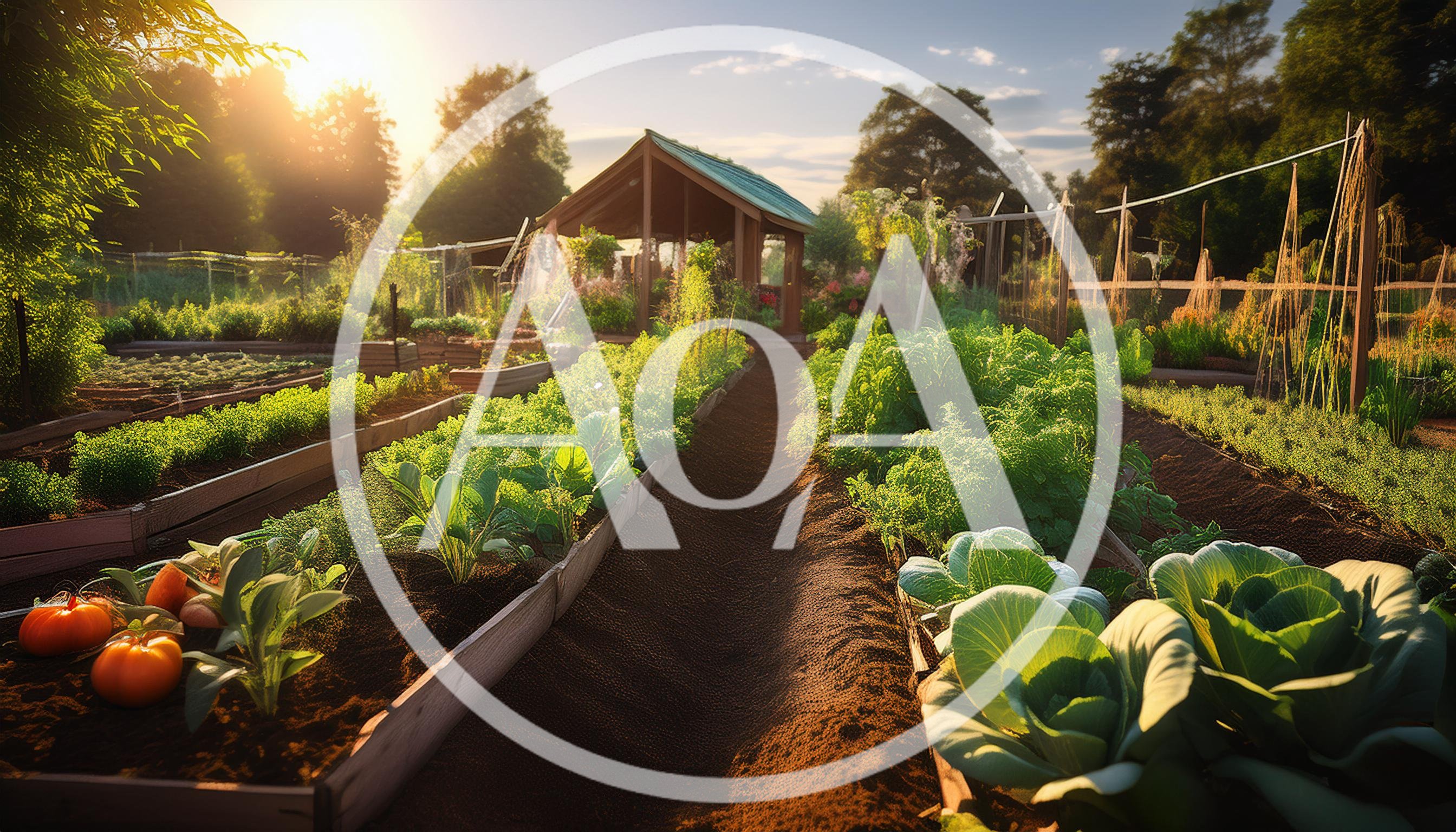 Lush Vegetable Garden With Raised Beds At Sunset