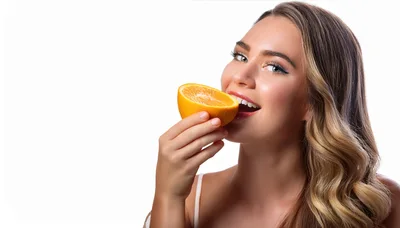 Young Woman Holding A Fresh Orange Slice