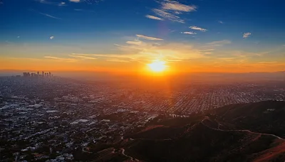 Aerial View Of Los Angeles Skyline At Sunset