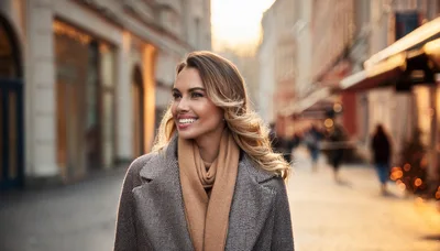 Smiling Woman Walking Through A European City Street