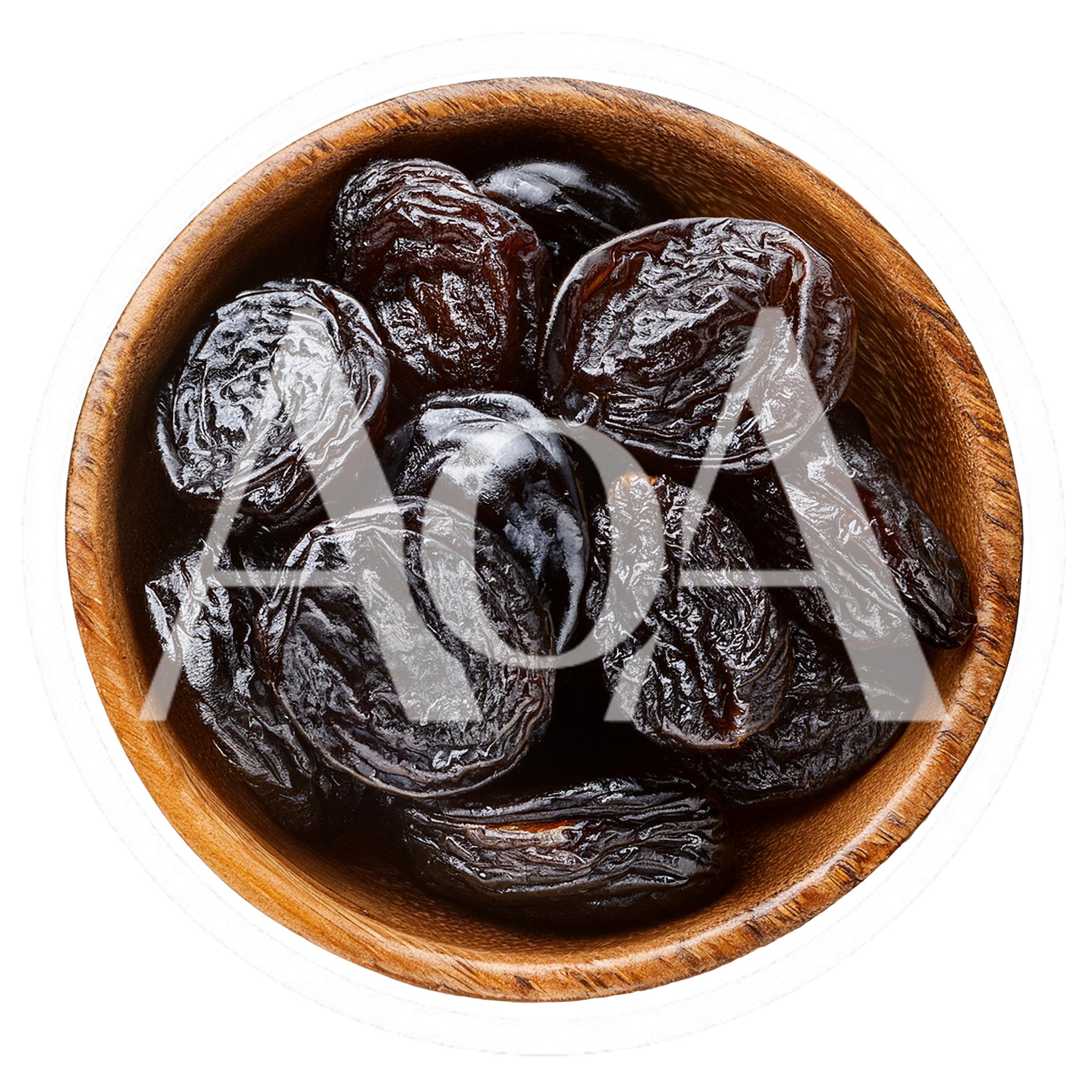 Top View Of Dried Prunes In Wooden Bowl