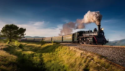 Vintage Steam Locomotive Traveling Through Rolling Green Hills