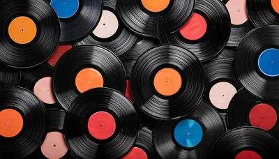 Collection Of Vintage Vinyl Records With Colorful Labels