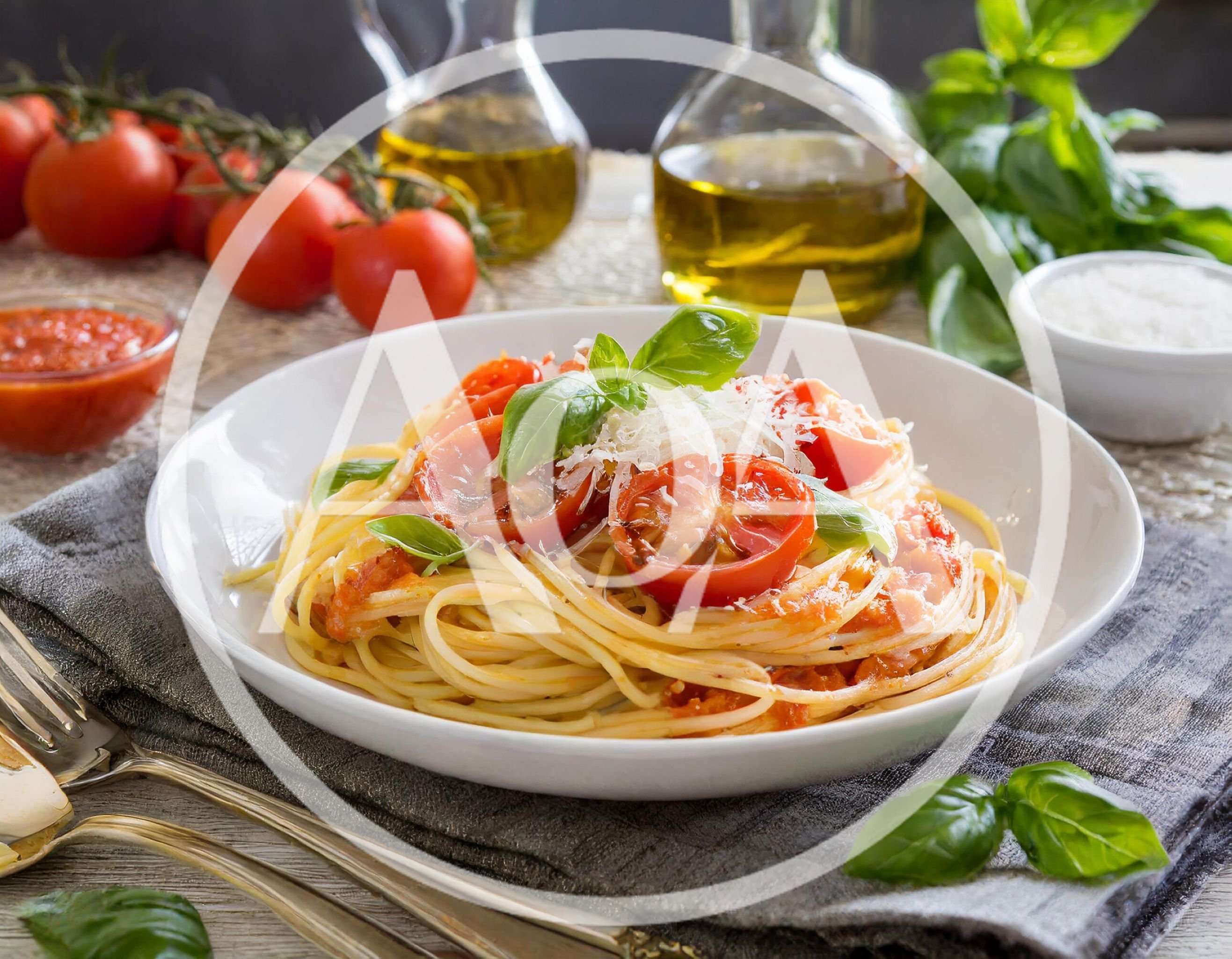 Spaghetti Pasta With Fresh Cherry Tomatoes And Basil