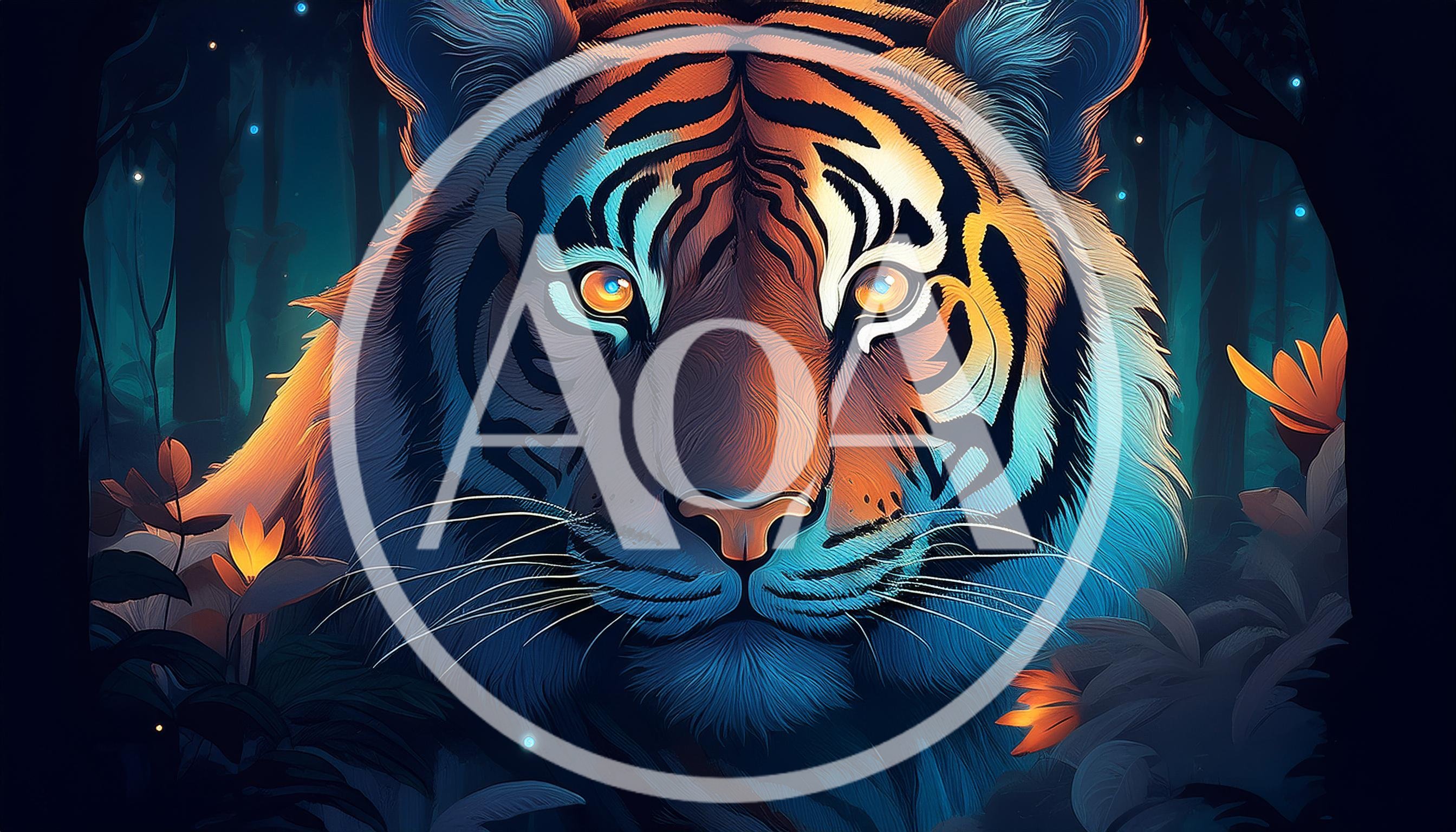 Majestic Tiger Portrait In A Glowing Enchanted Forest
