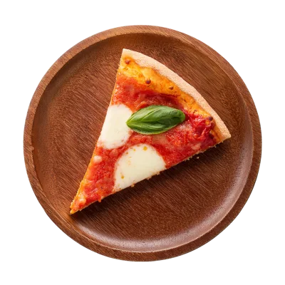Single Slice Of Margherita Pizza On Wooden Plate