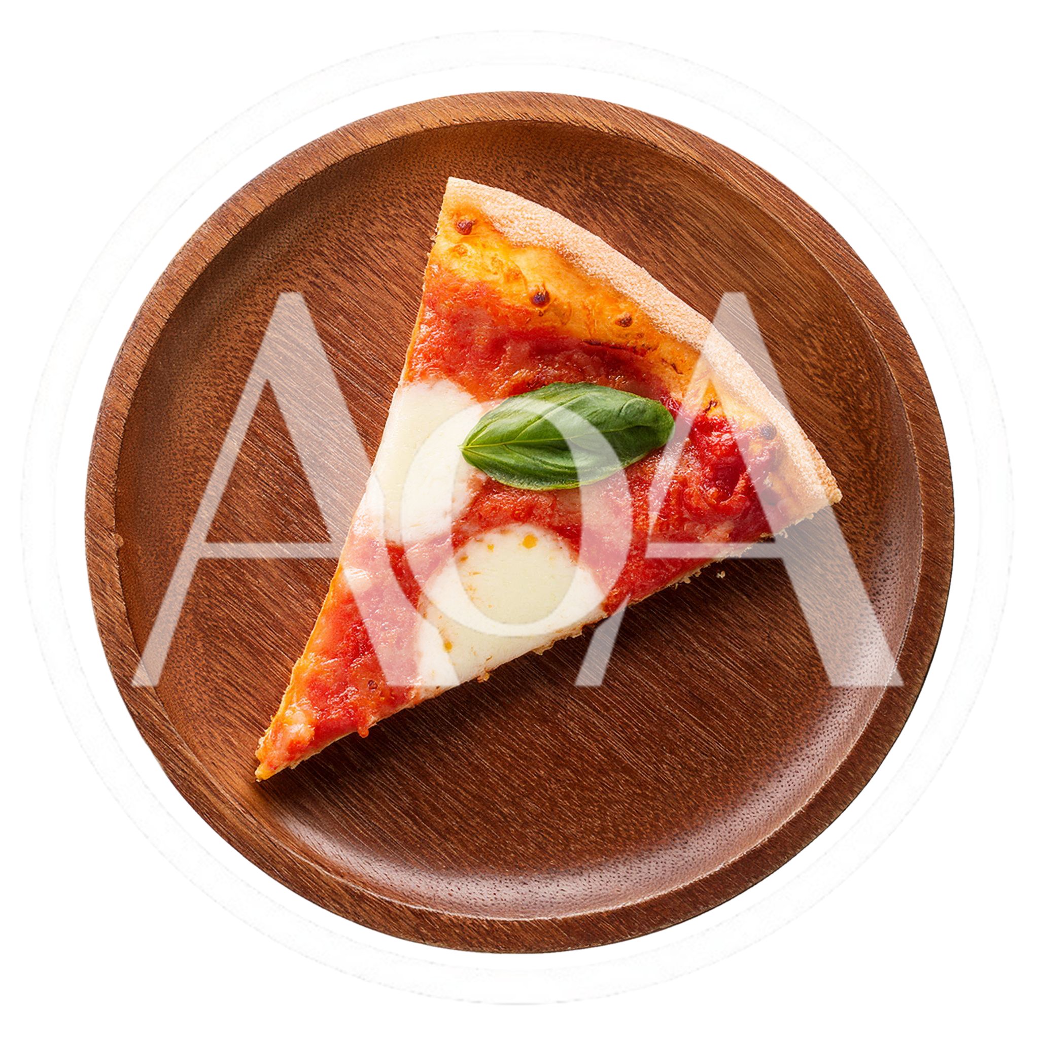 Single Slice Of Margherita Pizza On Wooden Plate