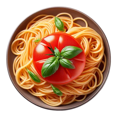 Top View Of Spaghetti With Fresh Tomato And Basil