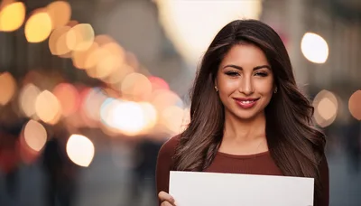 Young Woman Holding Blank Sign In City