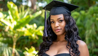 Young African American Woman Wearing Graduation Cap Outdoors