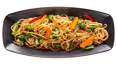 Stir Fried Vegetable Noodles On A Black Plate