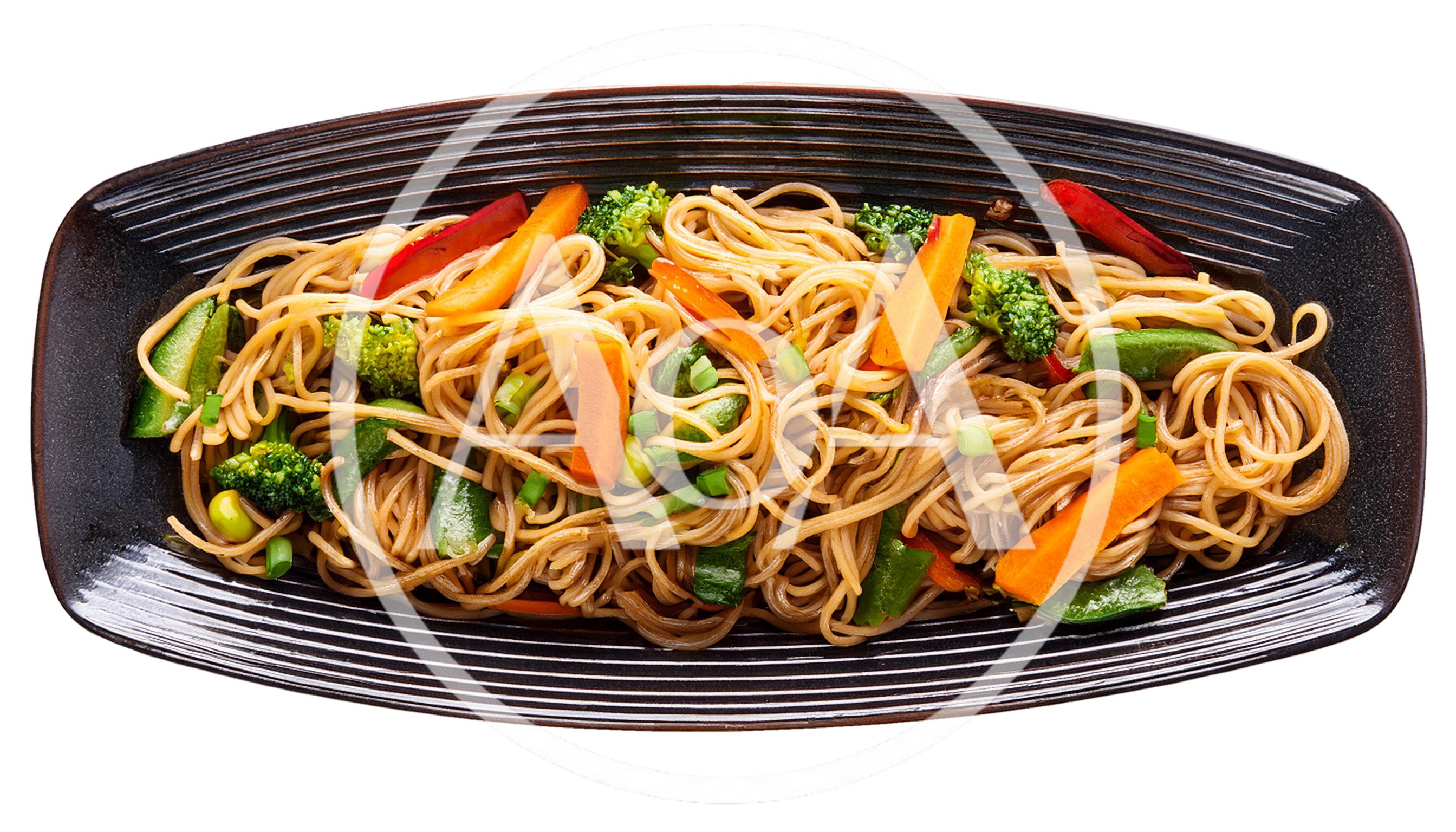 Stir Fried Vegetable Noodles On A Black Plate