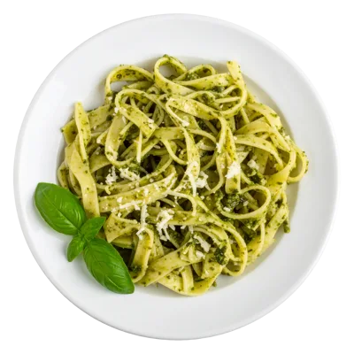 Plate Of Fresh Fettuccine Pasta With Pesto Sauce