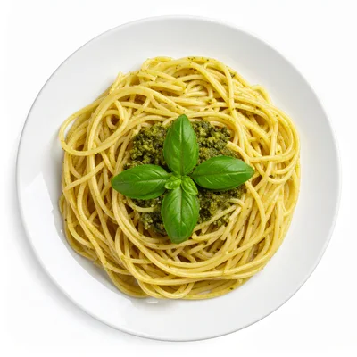 Spaghetti Pasta With Pesto Sauce And Fresh Basil