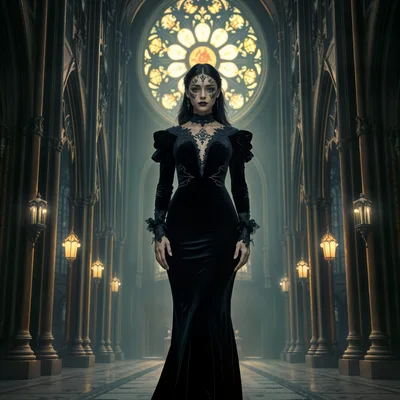 Gothic Woman Standing In A Dark Cathedral