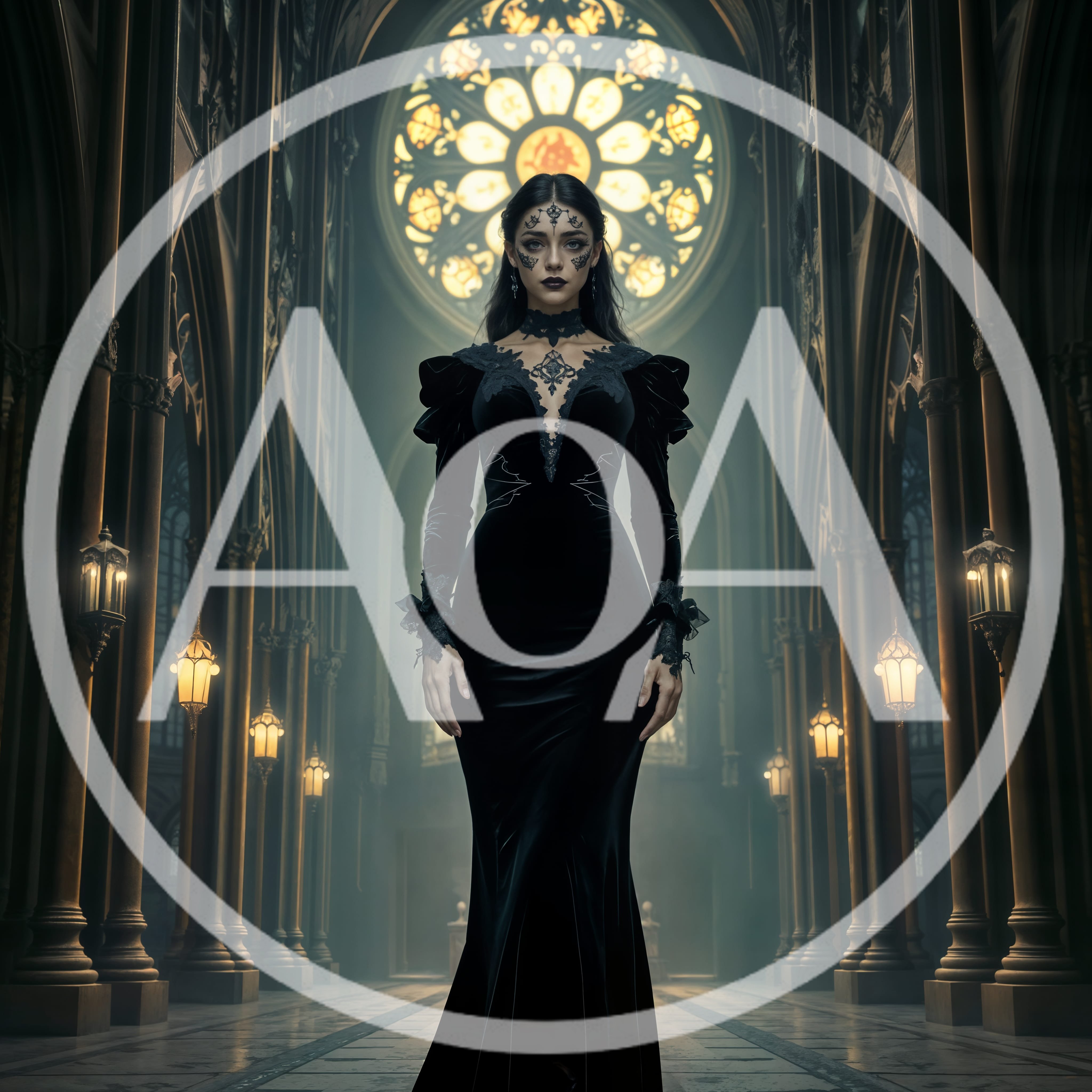 Gothic Woman Standing In A Dark Cathedral