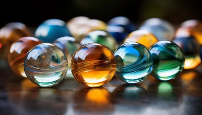 Close Up Of Colorful Glass Marbles On Dark Surface