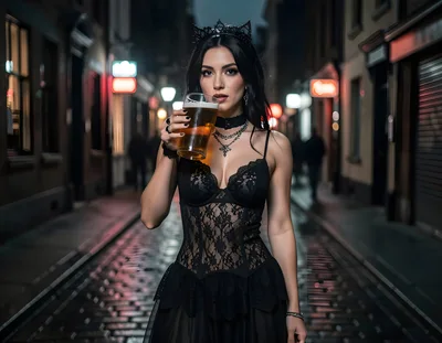 Gothic Woman Drinking Beer on City Street at Night
