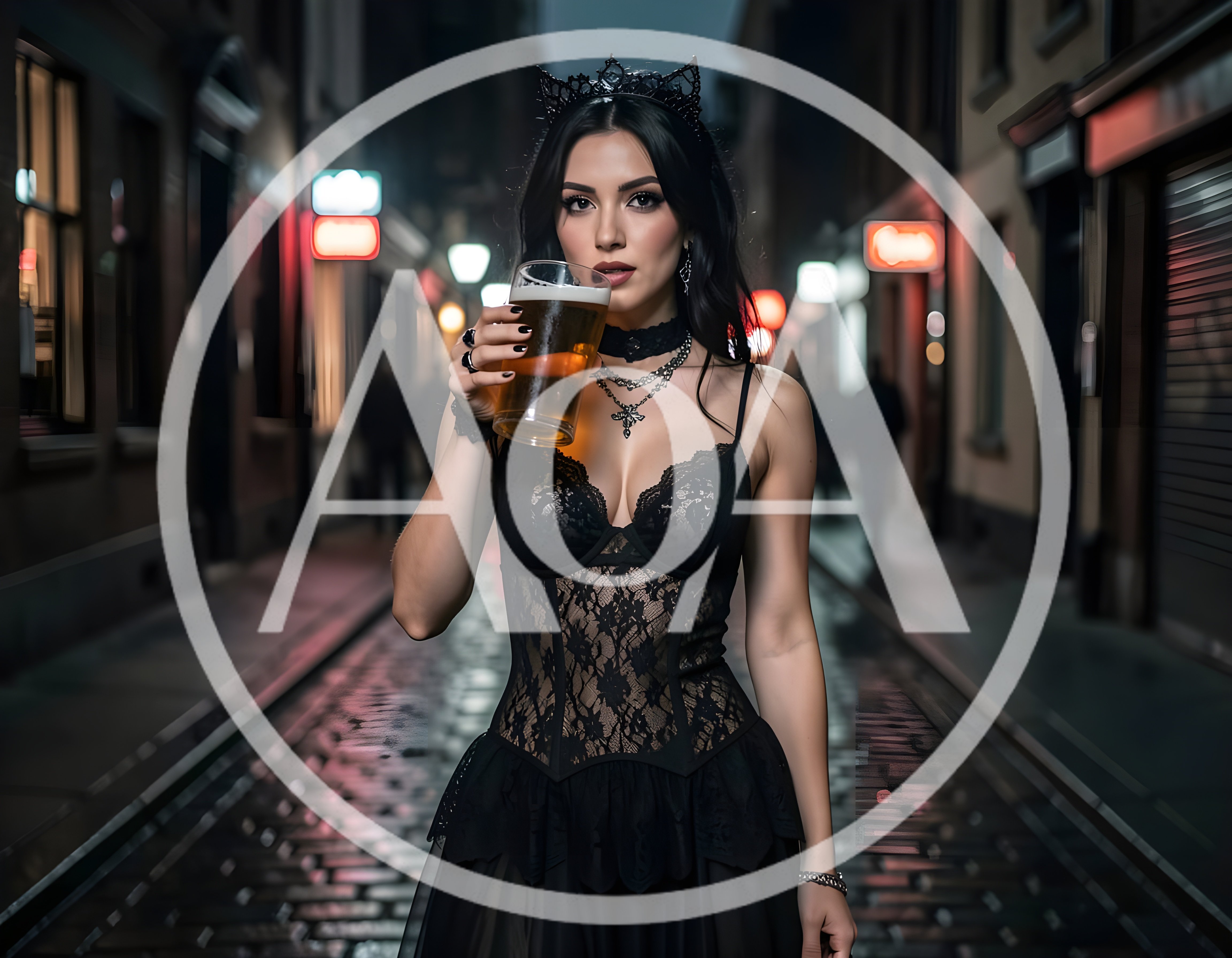 Gothic Woman Drinking Beer on City Street at Night