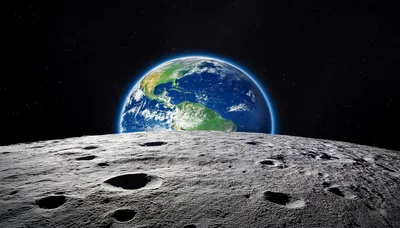 Earth Rising Over The Moon Surface