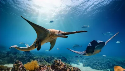 Prehistoric Marine Reptile Swimming With Manta Ray