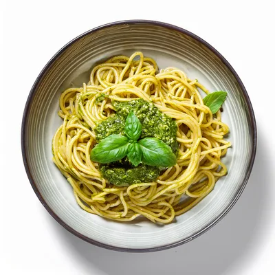 Bowl Of Spaghetti With Fresh Basil Pesto Sauce