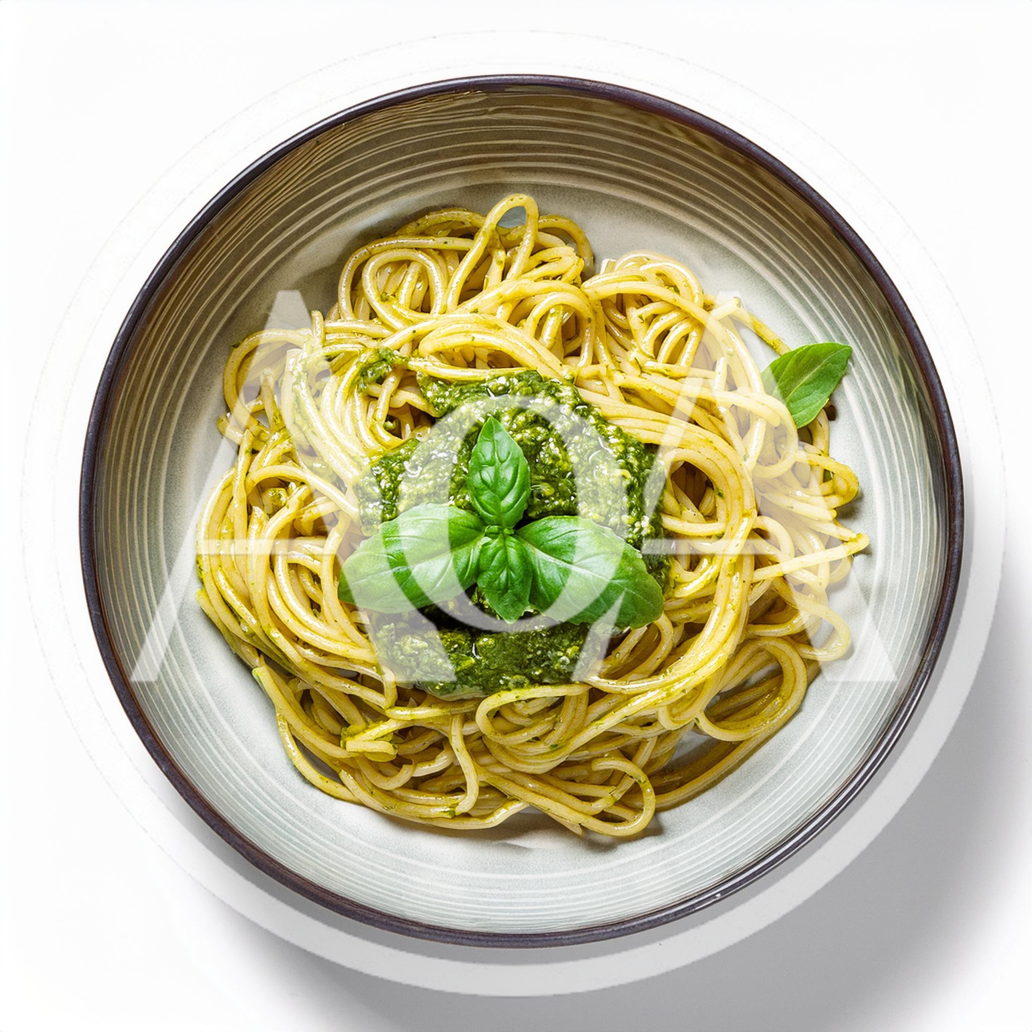 Bowl Of Spaghetti With Fresh Basil Pesto Sauce