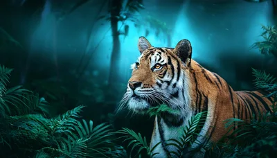 Majestic Tiger Resting In A Lush Tropical Jungle