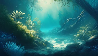 Underwater Forest Scene With Glowing Aquatic Plants