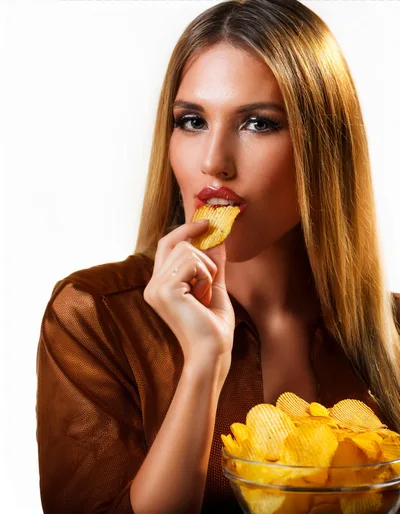 Beautiful Woman Eating Crispy Potato Chips From Glass Bowl