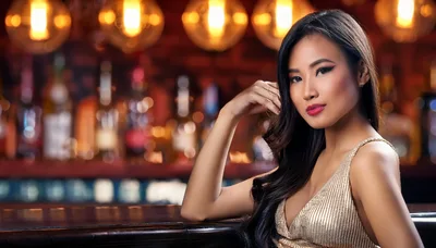 Elegant Asian Woman Posing At A Dimly Lit Bar