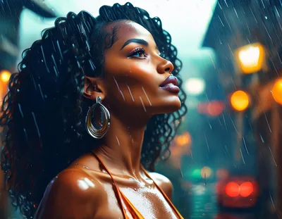 Stunning Woman With Curly Hair Standing In Rain