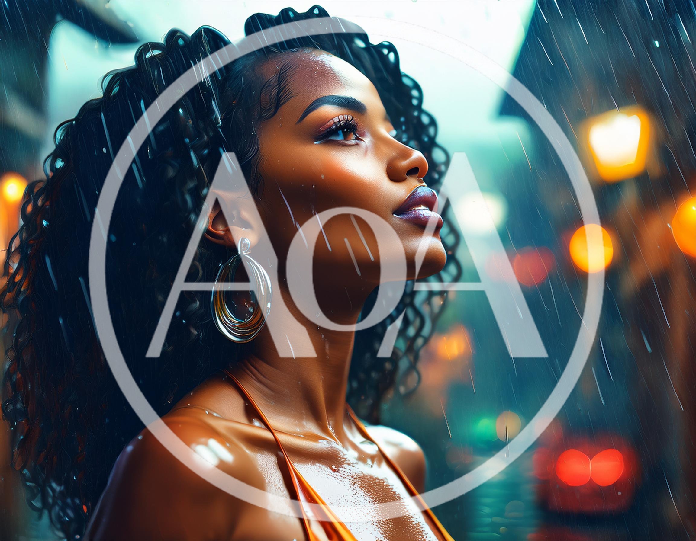 Stunning Woman With Curly Hair Standing In Rain