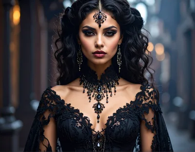 Gothic Woman With Black Lace Dress And Jewelry