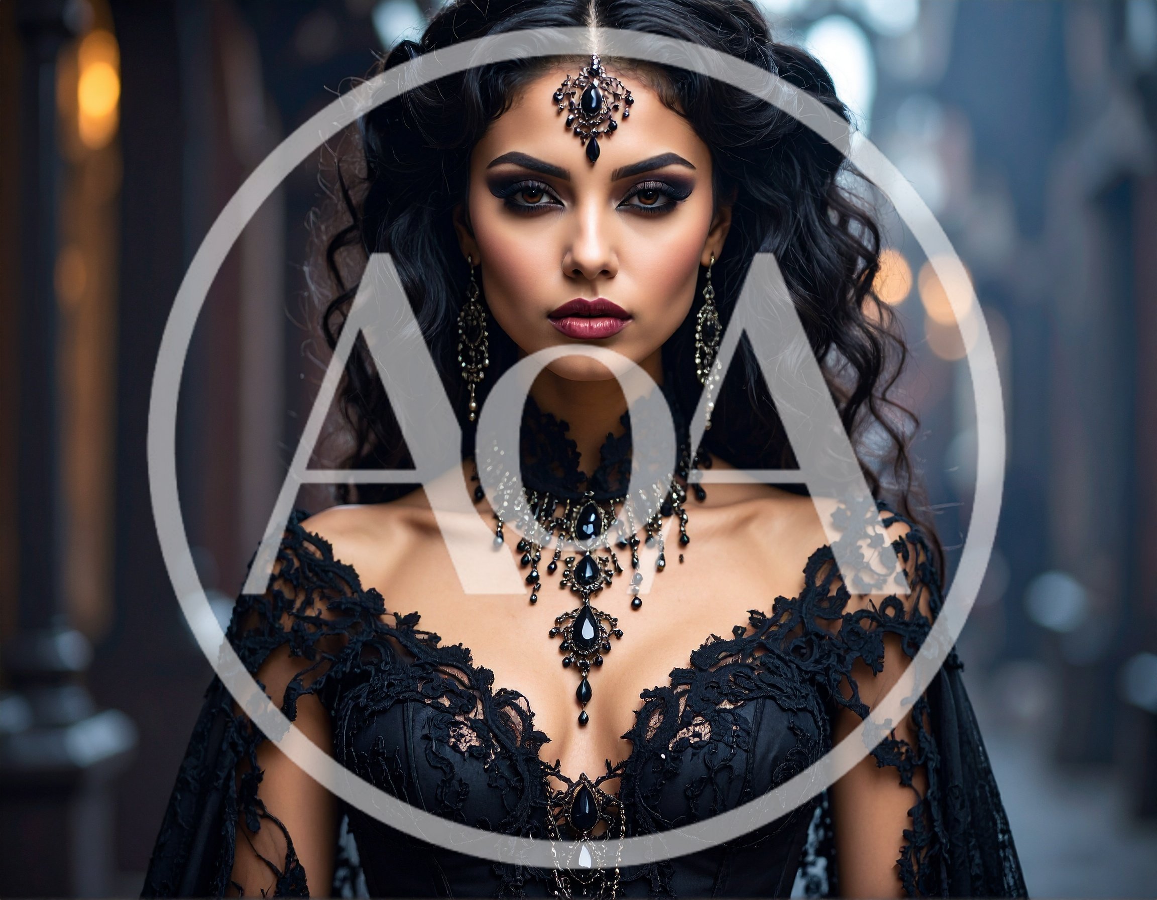 Gothic Woman With Black Lace Dress And Jewelry