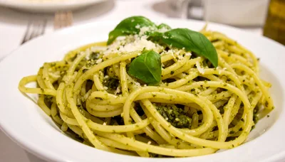 Spaghetti With Pesto Sauce And Fresh Basil