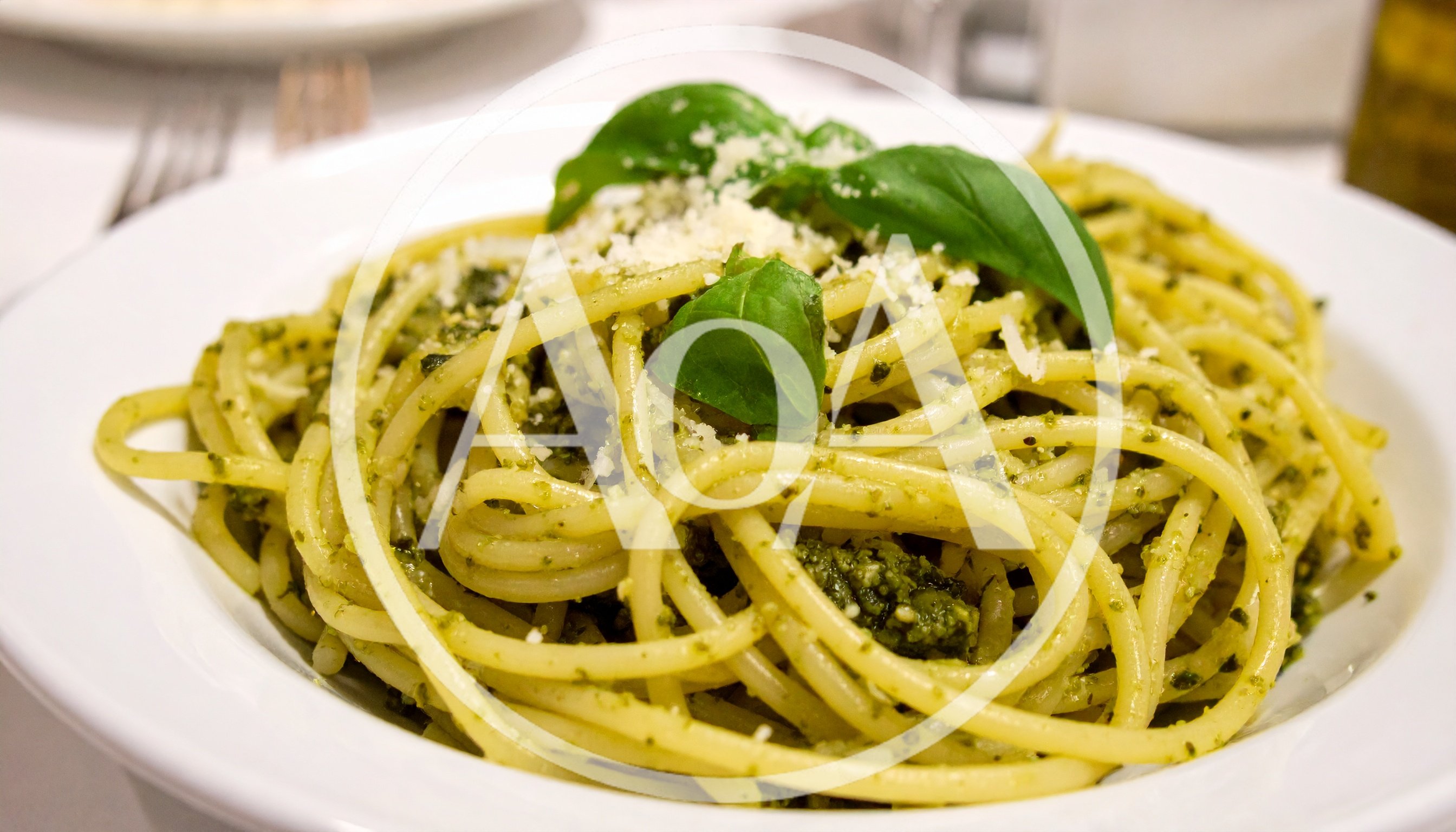 Spaghetti With Pesto Sauce And Fresh Basil