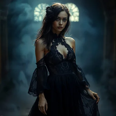 Gothic Woman in Black Lace Dress Standing in Fog