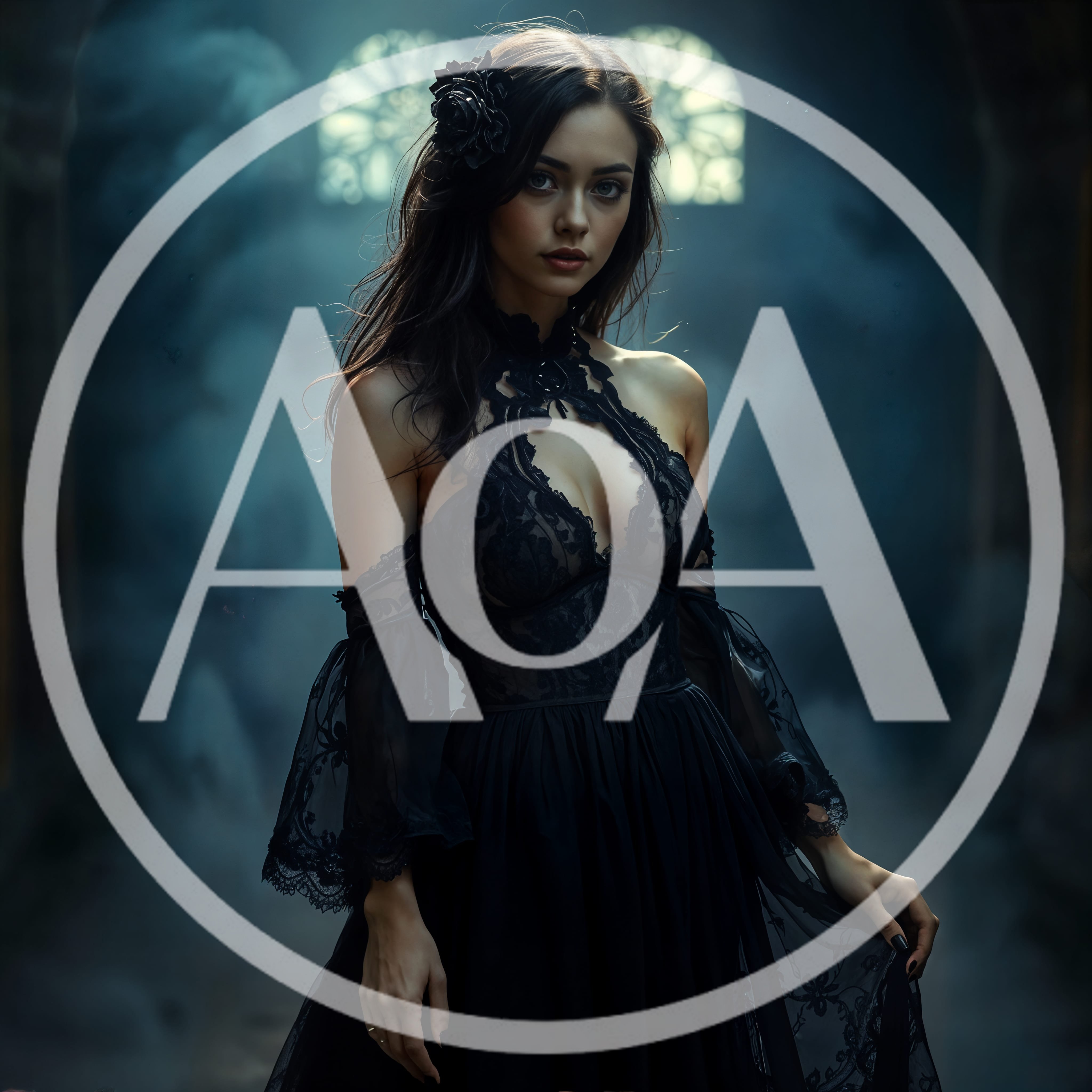 Gothic Woman in Black Lace Dress Standing in Fog