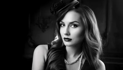 Elegant Woman Wearing Vintage Hat And Pearl Necklace