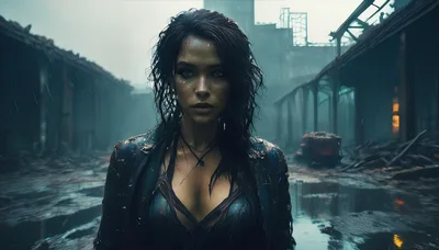 Portrait Of A Woman In A Rain-Soaked Ruined City