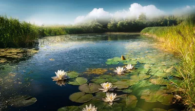 White Water Lilies Blooming on a Calm Pond