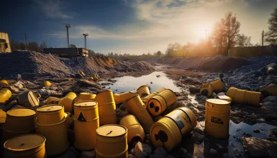Yellow Radioactive Waste Barrels In A Polluted Industrial Landscape