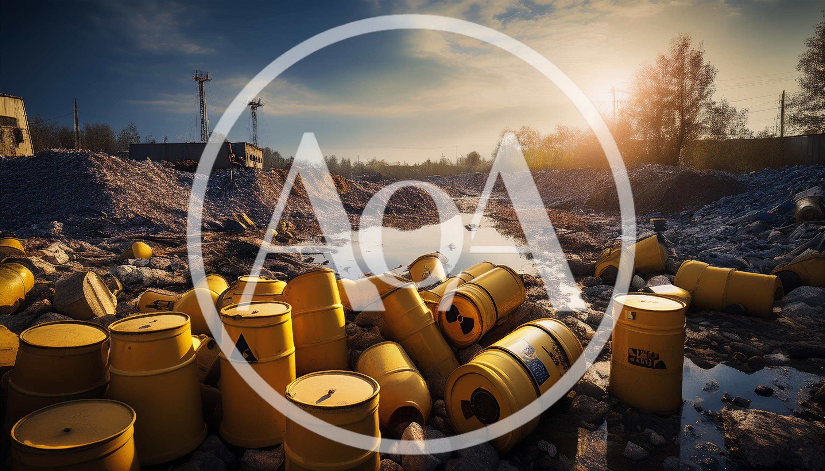 Yellow Radioactive Waste Barrels In A Polluted Industrial Landscape
